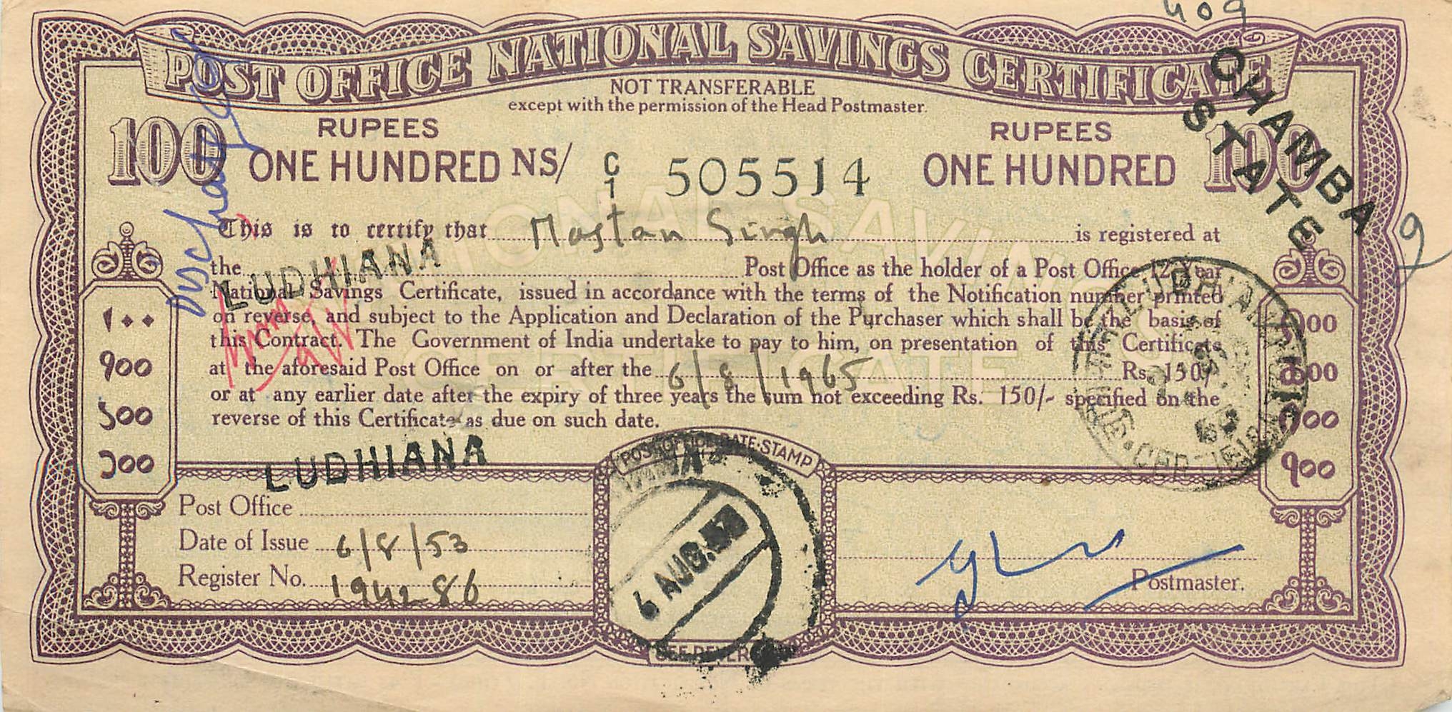 Inde India  National Savings Certificate Chamba State