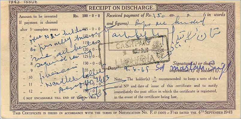 Inde India  National Savings Certificate Chamba State — Back
