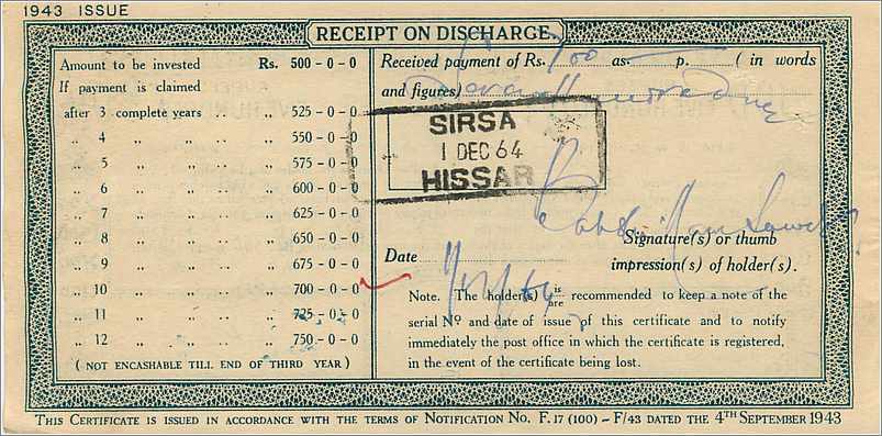 Inde India  National Savings Certificate Chamba State — Rückseite
