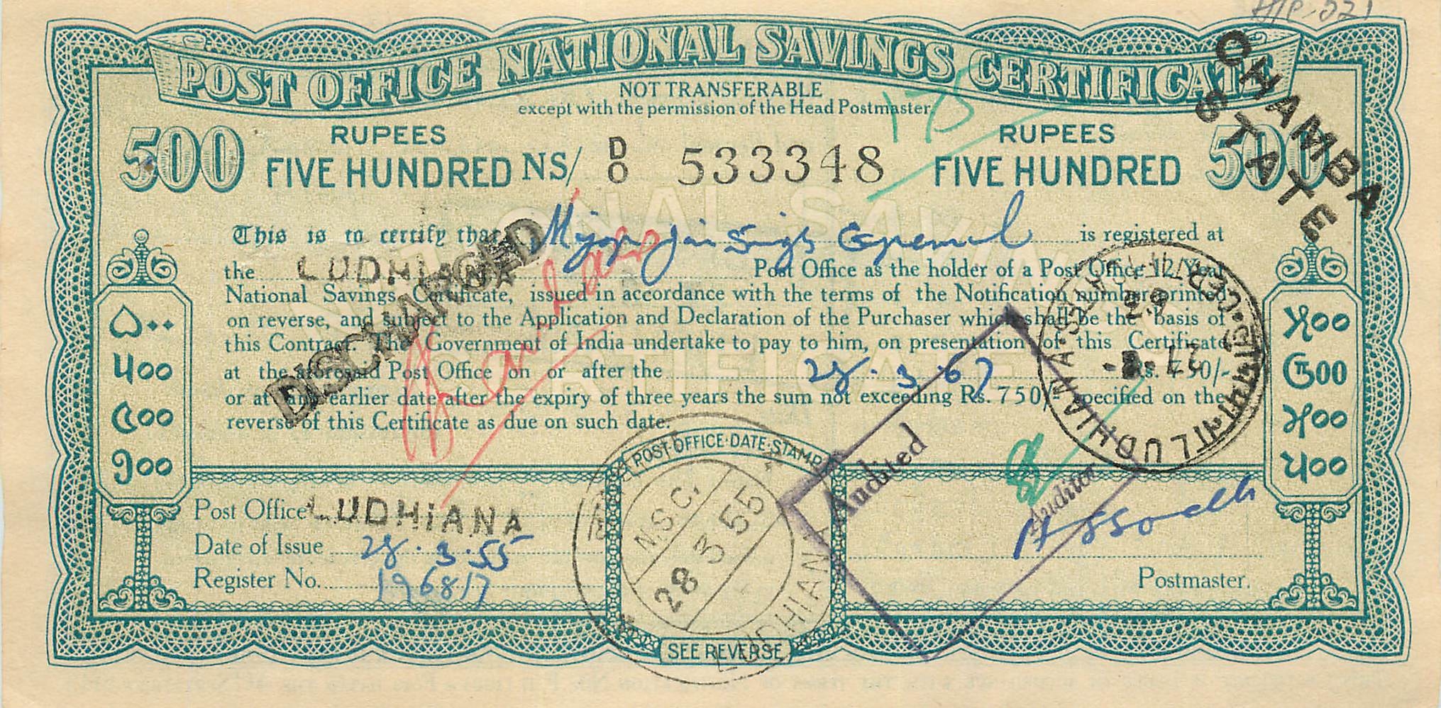 Inde India  National Savings Certificate Chamba State