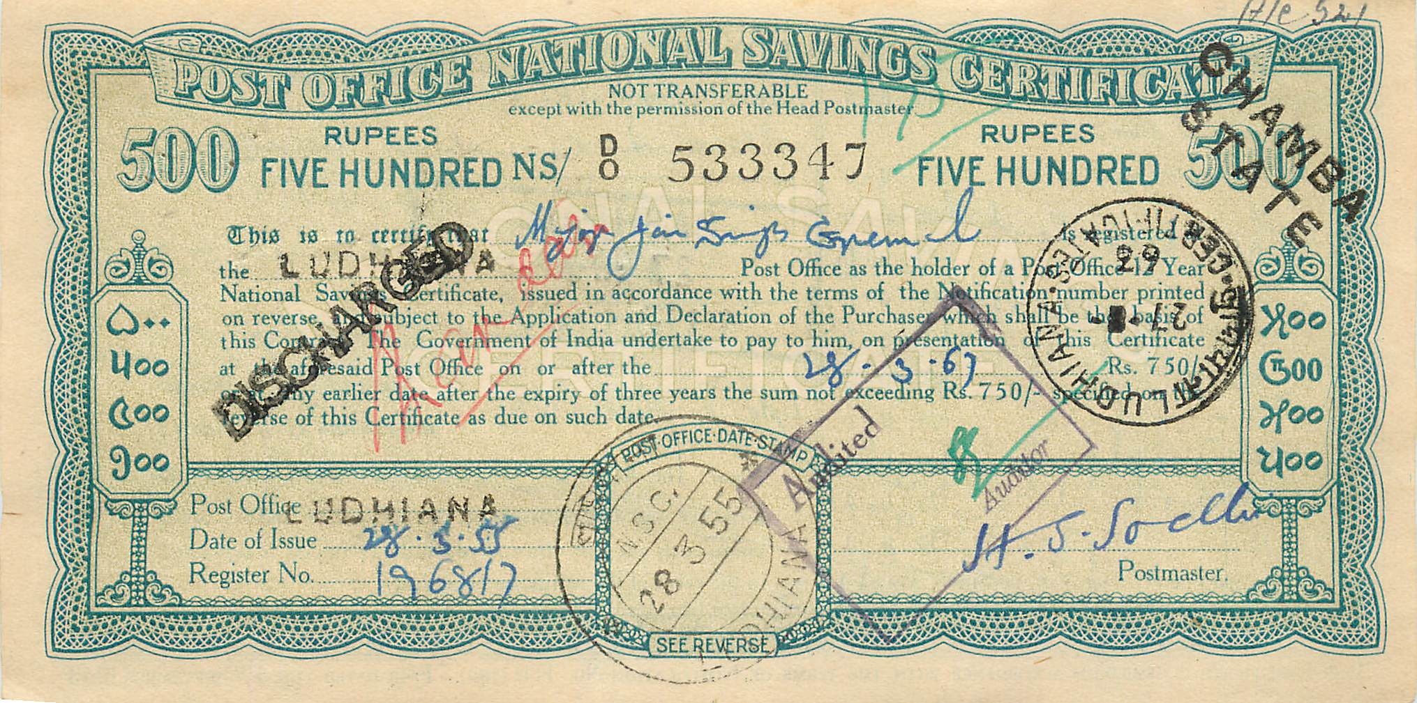 Inde India  National Savings Certificate Chamba State