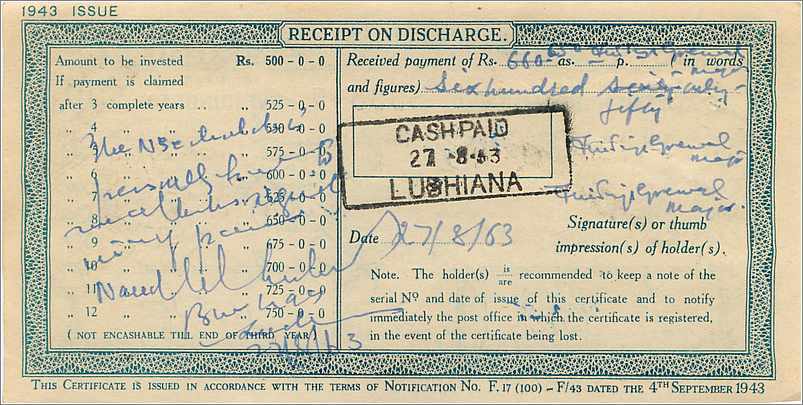Inde India  National Savings Certificate Chamba State — Rückseite