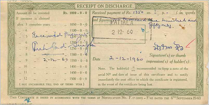 Inde India  National Savings Certificate Chamba State — Back