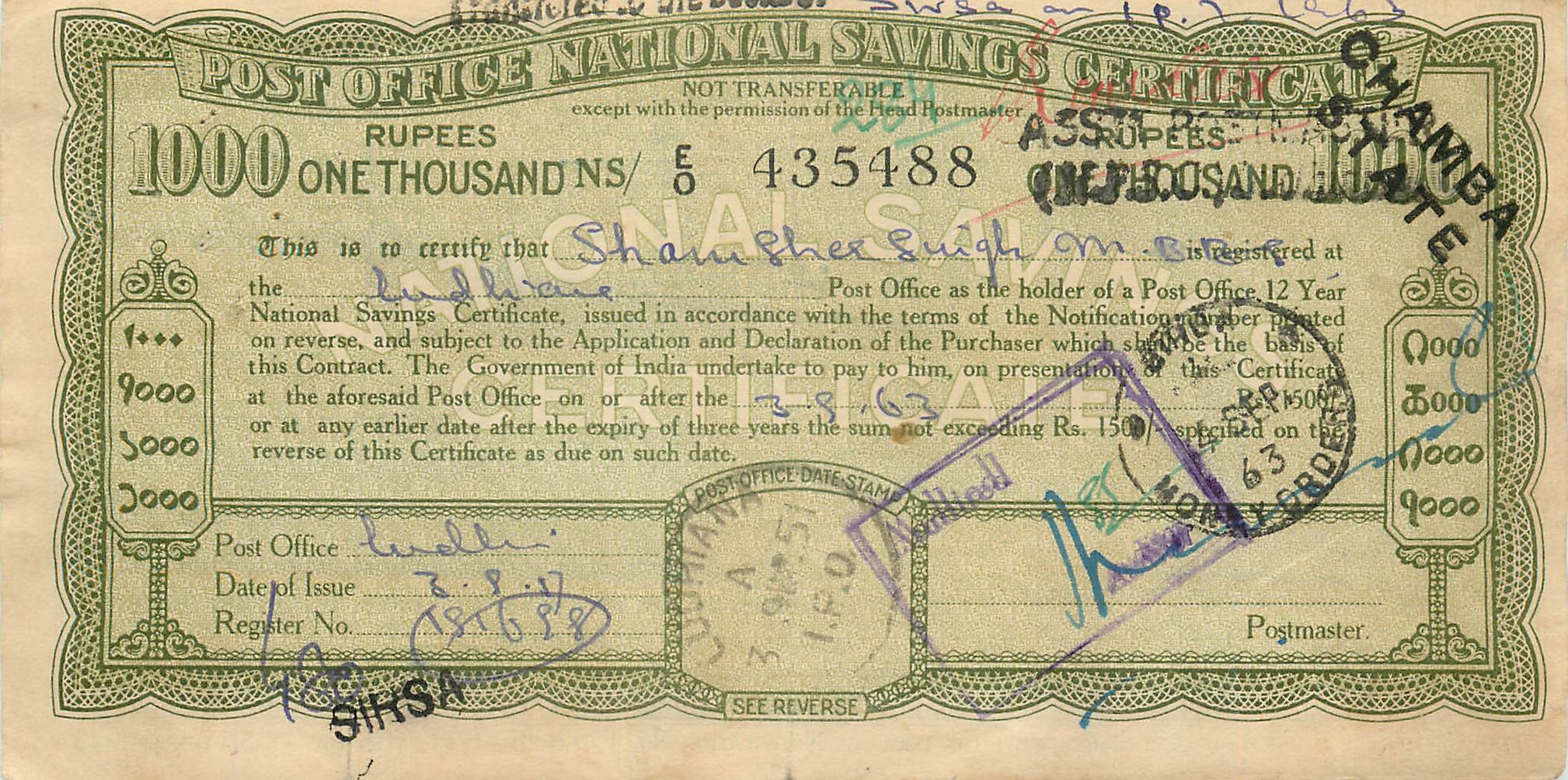 Inde India  National Savings Certificate Chamba State