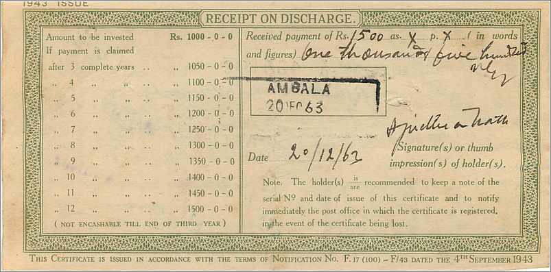 Inde India  National Savings Certificate Chamba State — Back