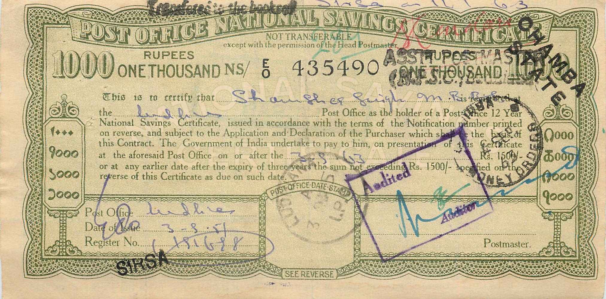 Inde India  National Savings Certificate Chamba State