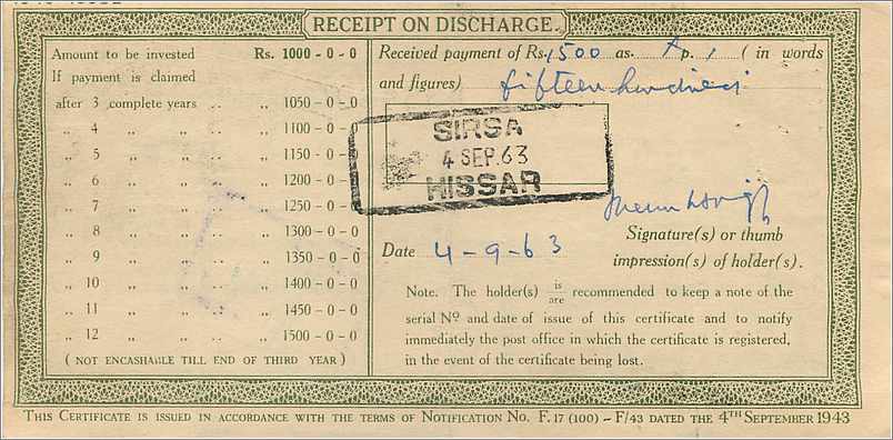 Inde India  National Savings Certificate Chamba State — Rückseite