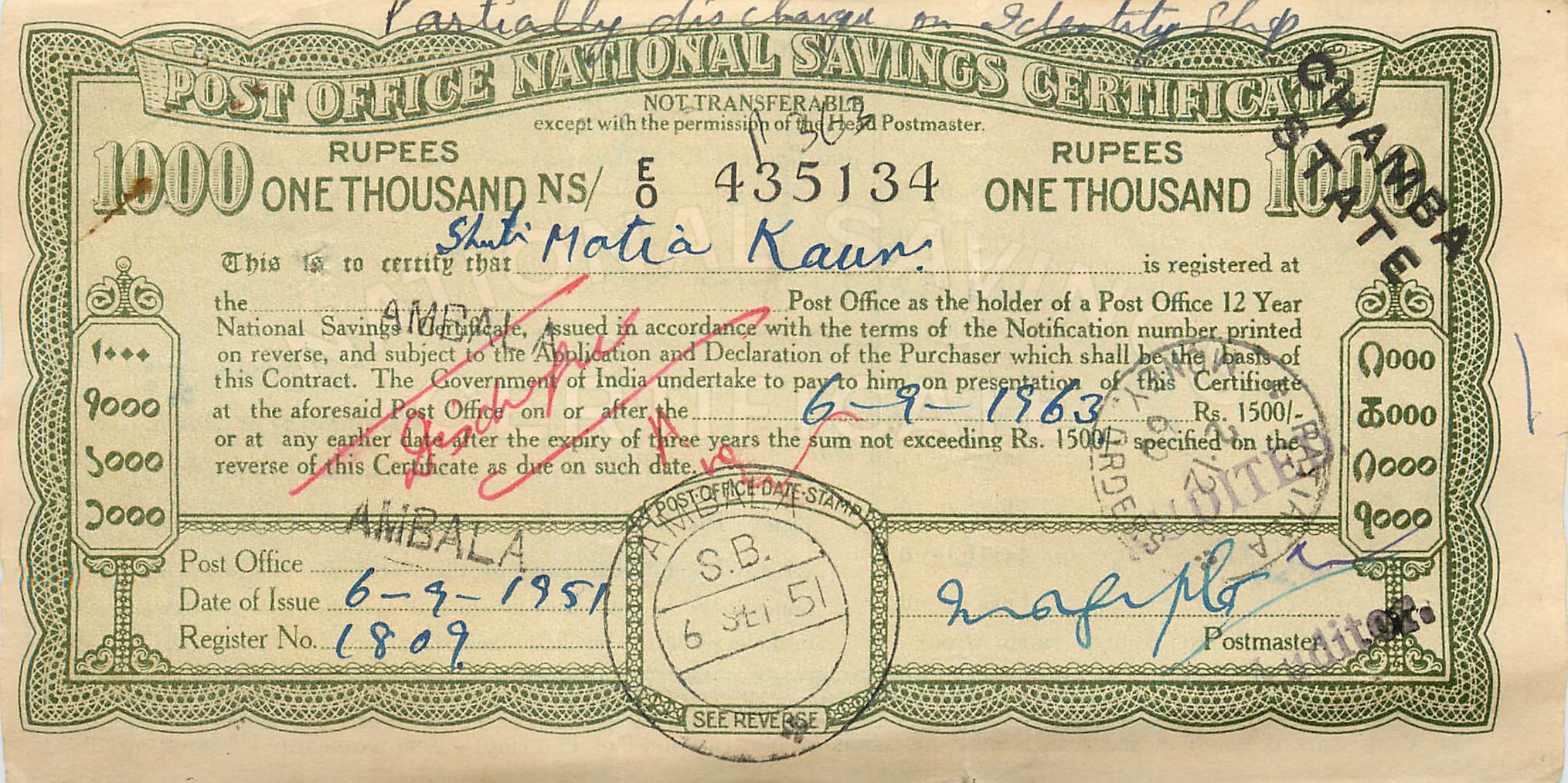 Inde India  National Savings Certificate Chamba State
