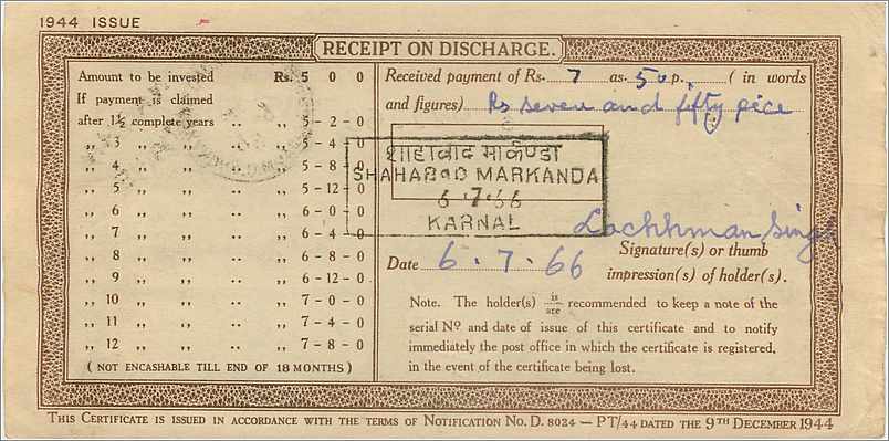 Inde India  National Savings Certificate Nabha State — Back