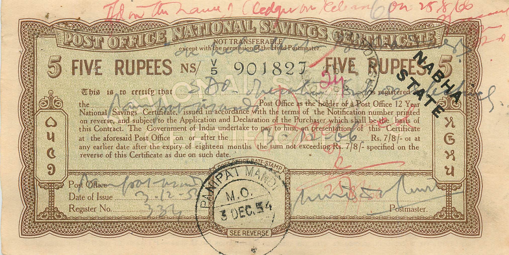 Inde India  National Savings Certificate Nabha State