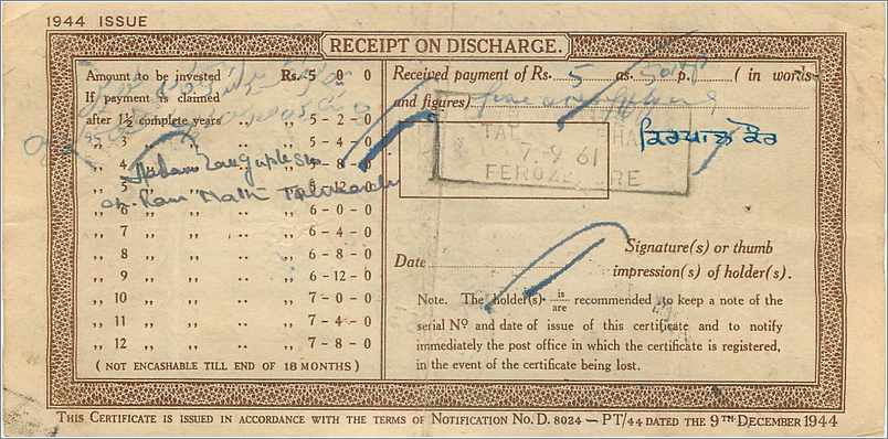 Inde India  National Savings Certificate Nabha State — Rückseite