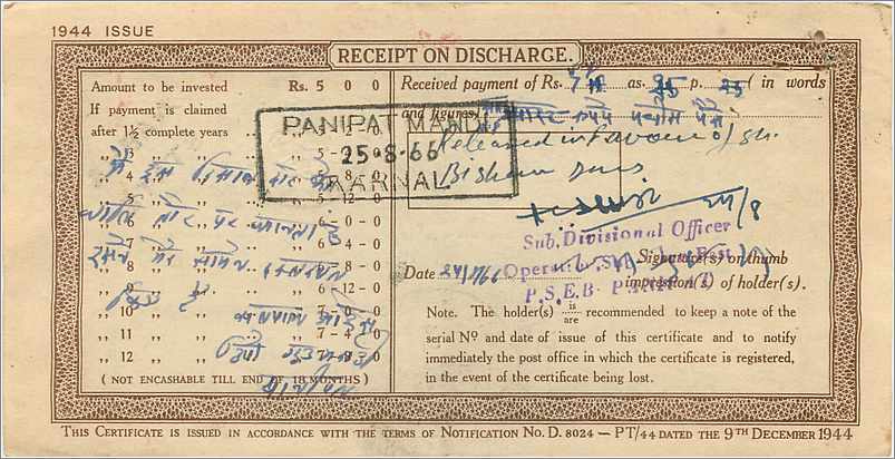 Inde India  National Savings Certificate Nabha State — Rückseite