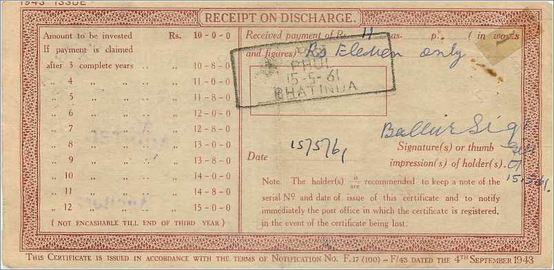 Inde India  National Savings Certificate Nabha State — Rückseite