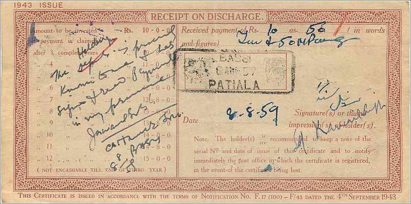 Inde India  National Savings Certificate Nabha State — Back