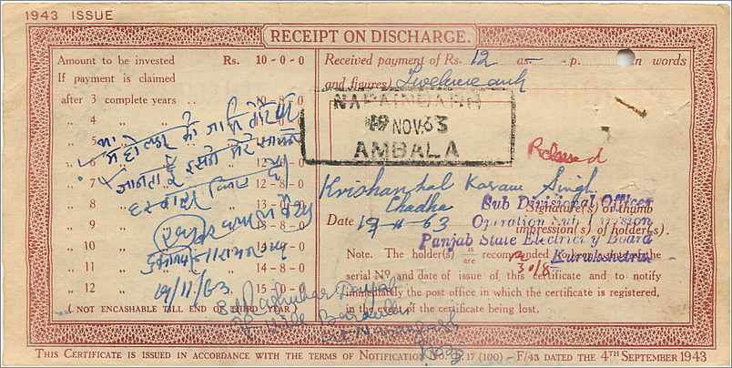 Inde India  National Savings Certificate Nabha State — Rückseite