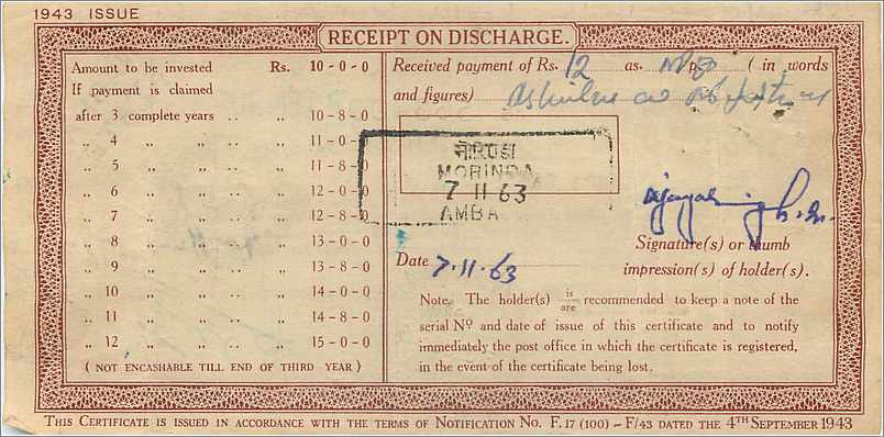 Inde India  National Savings Certificate Nabha State — Rückseite