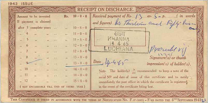 Inde India  National Savings Certificate Nabha State — Rückseite