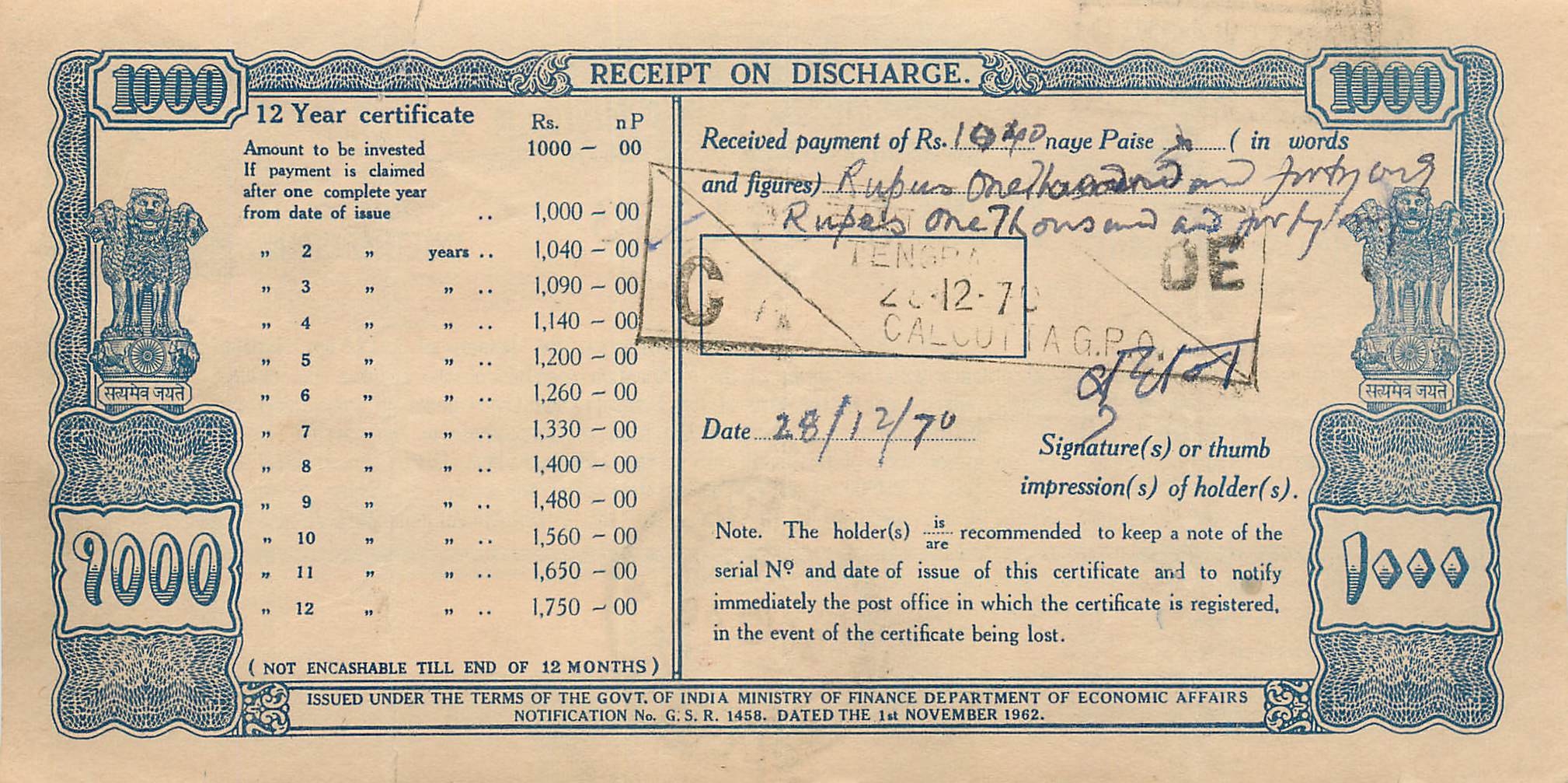 Inde India  National Savings Certificate Chamba State
