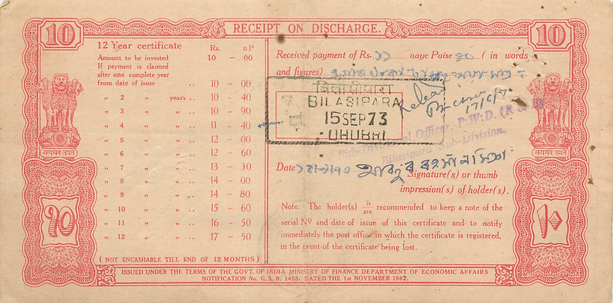 Inde India  National Savings Certificate Chamba State