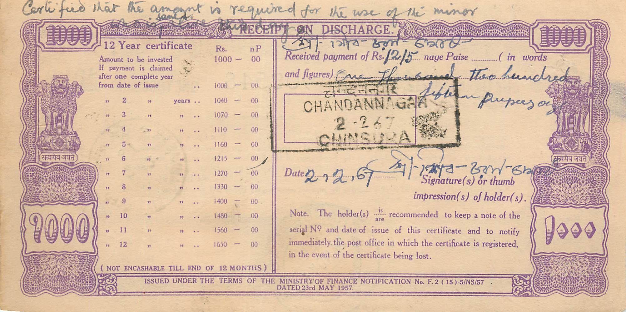 Inde India  National Savings Certificate Chamba State