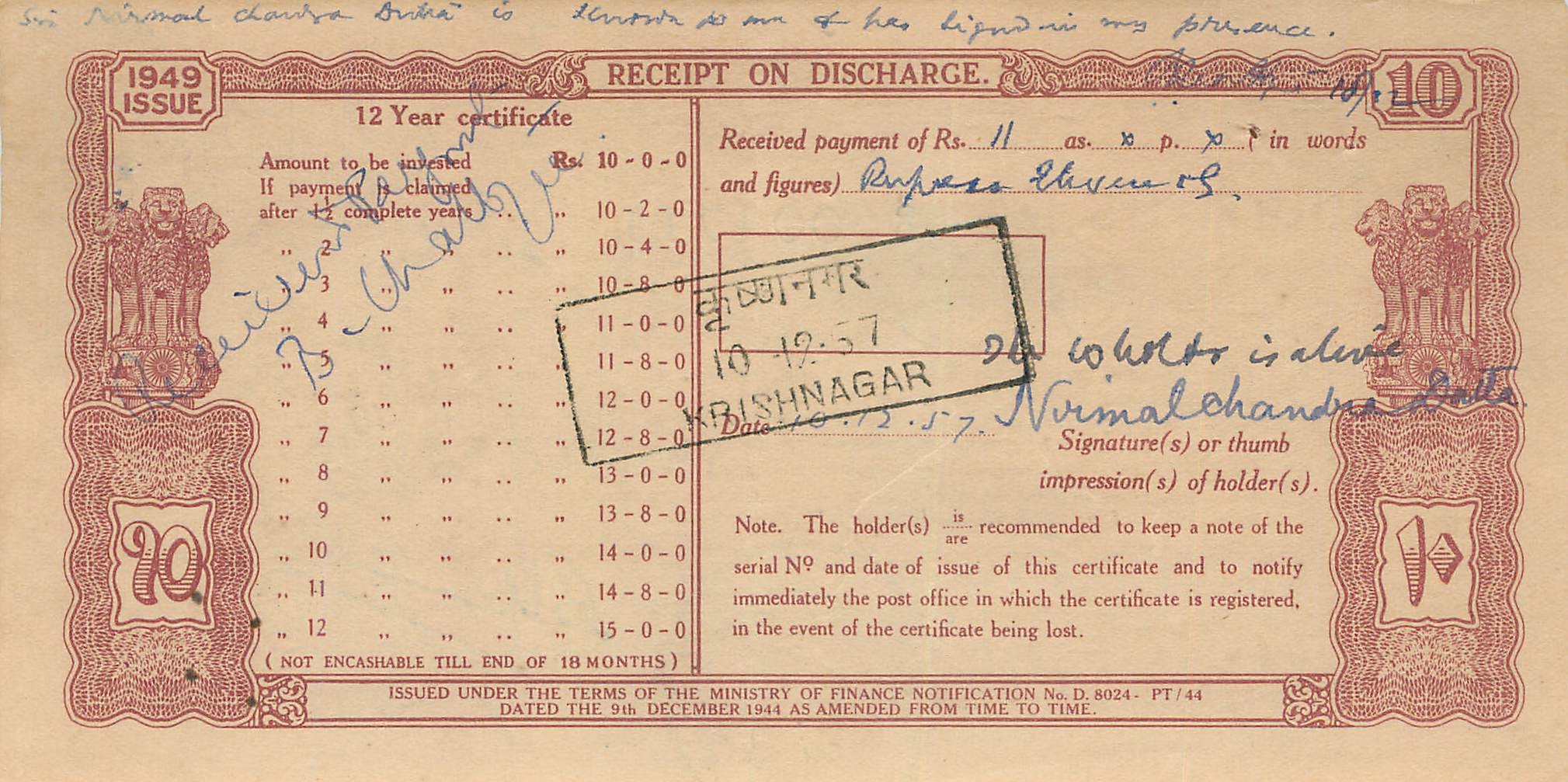 Inde India  National Savings Certificate Chamba State