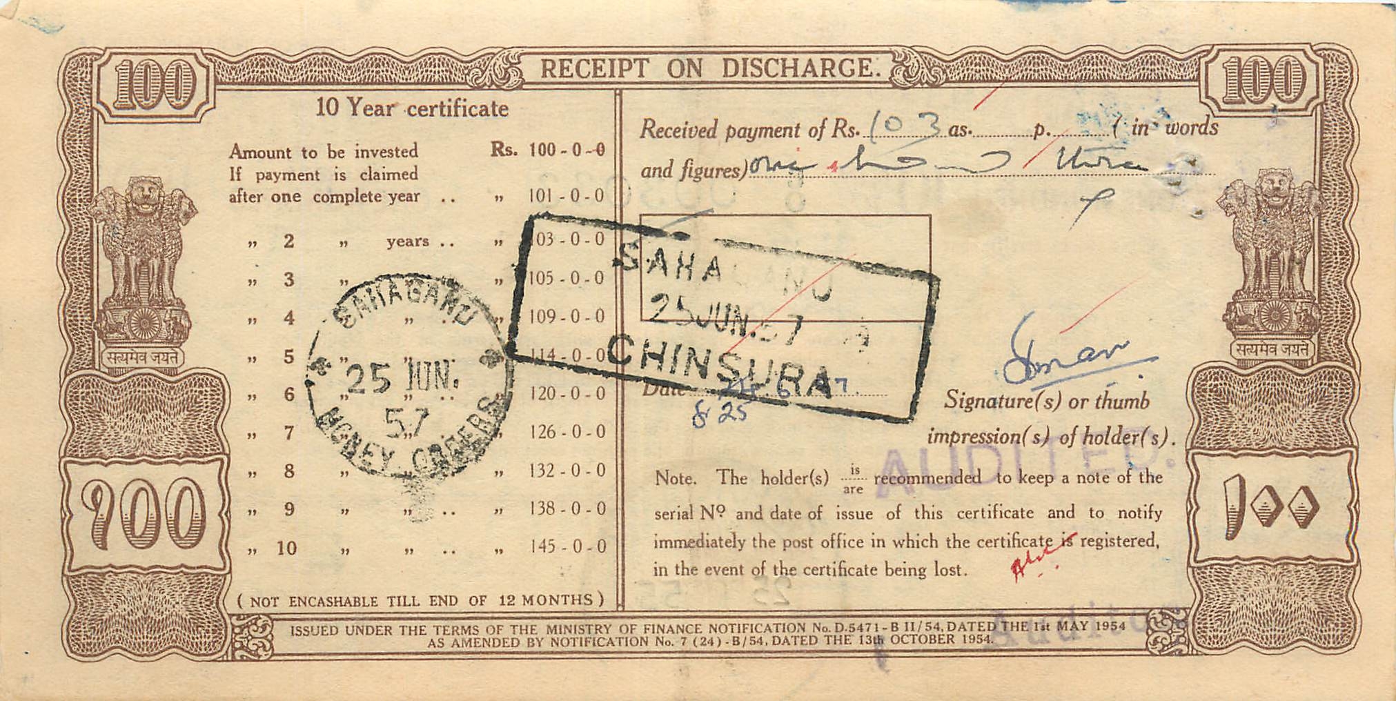 Inde India  National Savings Certificate Chamba State