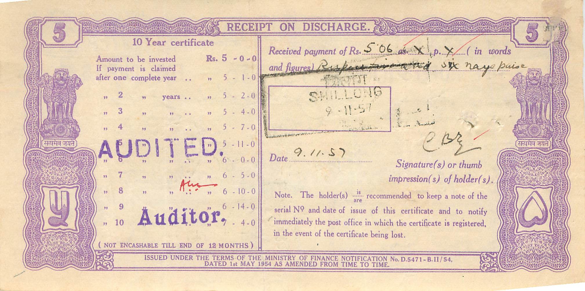 Inde India  National Savings Certificate Chamba State