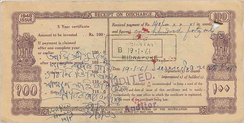 Inde India  National Savings Certificate Chamba State — Back