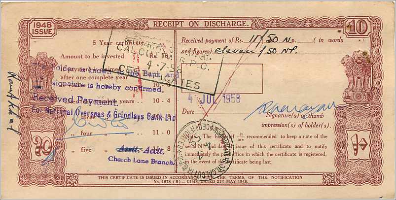 Inde India  National Savings Certificate Chamba State — Rückseite