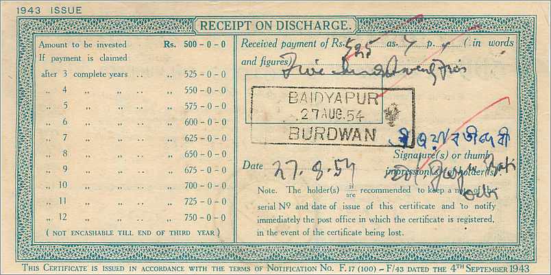 Inde India  National Savings Certificate Chamba State