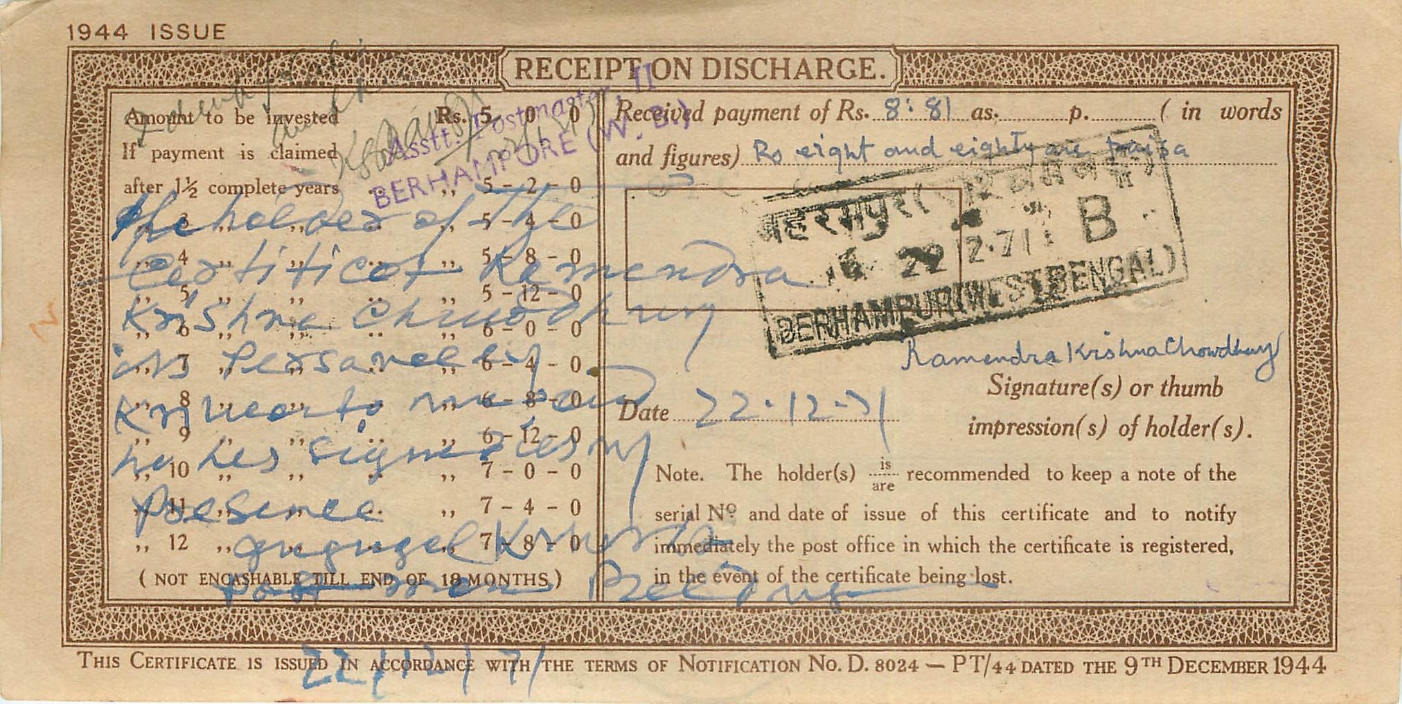 Inde India  National Savings Certificate Chamba State