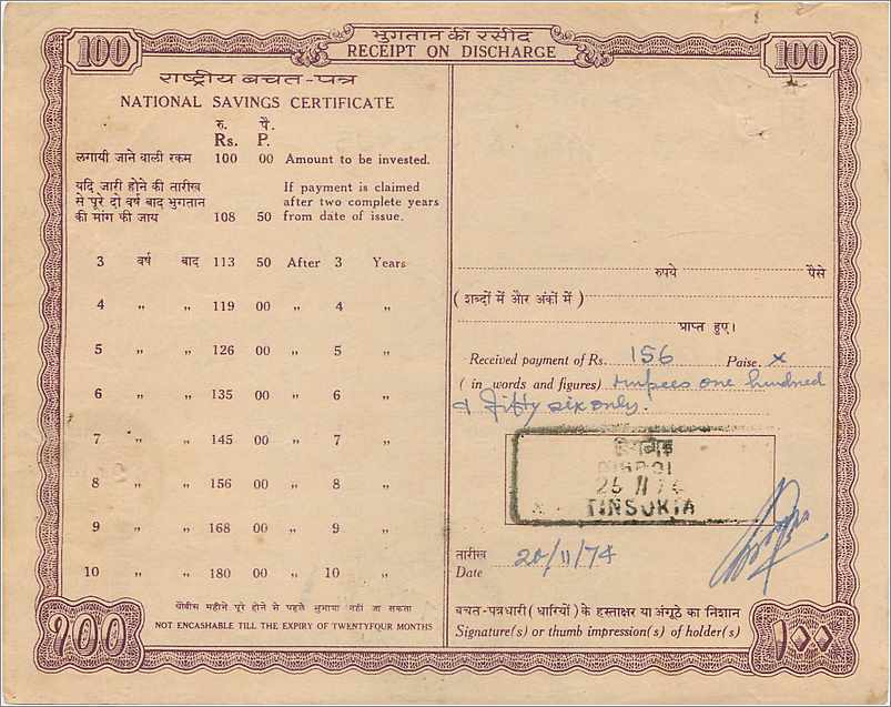 Inde India National Savings Certificate Certificate  — Rückseite