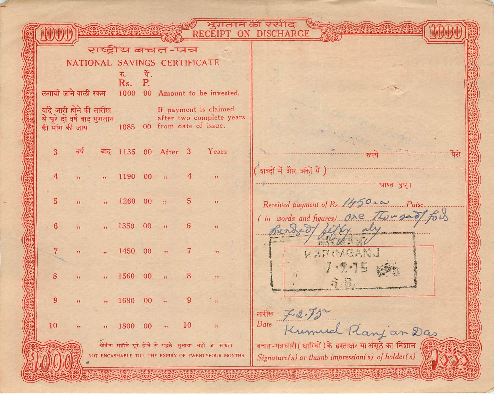 Inde India National Savings Certificate Certificate 