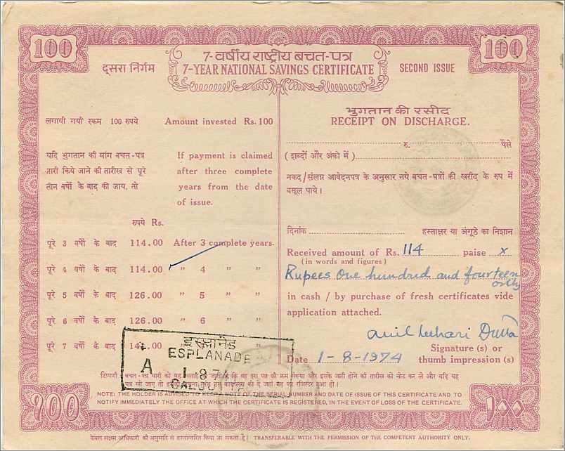Inde India National Savings Certificate Certificate  — Rückseite