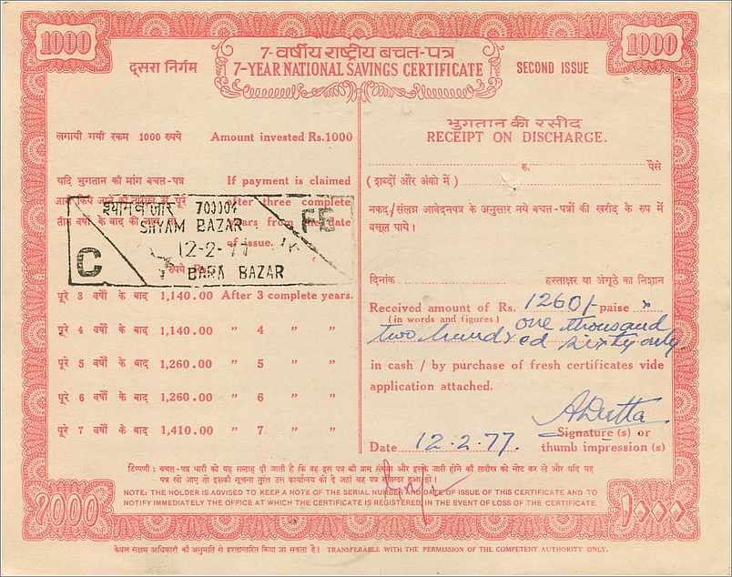 Inde India National Savings Certificate Certificate  — Verso