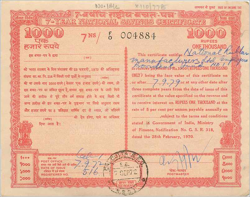 Inde India National Savings Certificate Certificate 