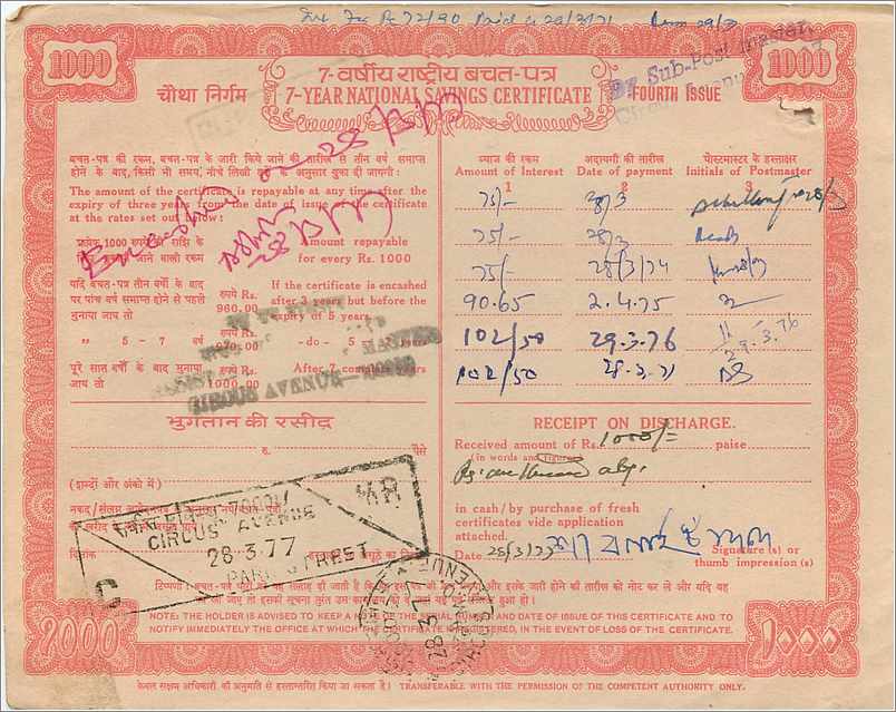 Inde India National Savings Certificate Certificate  — Rückseite