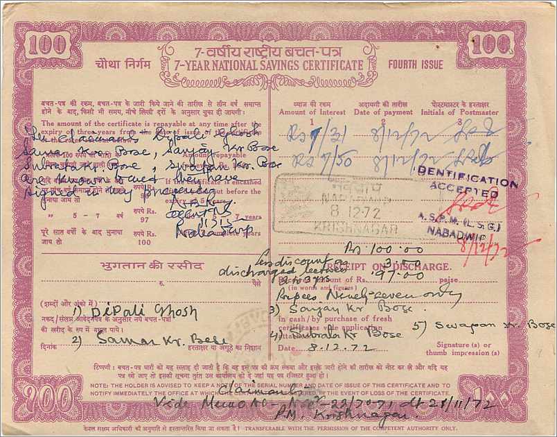 Inde India National Savings Certificate Certificate  — Rückseite