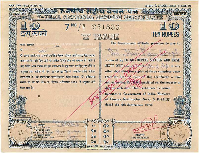 Inde India National Savings Certificate Certificate  — Back