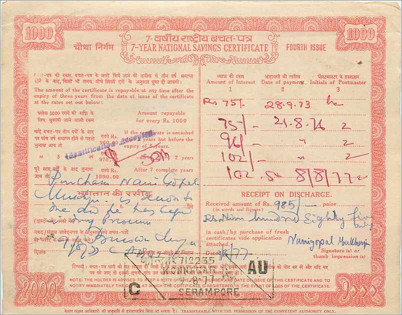 Inde India National Savings Certificate Certificate 