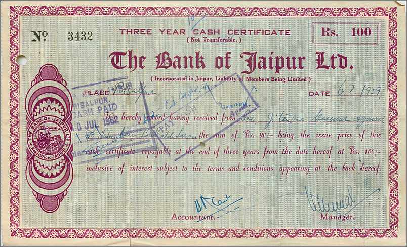Inde India The Bank of Jaipur 3 years Cast certificate