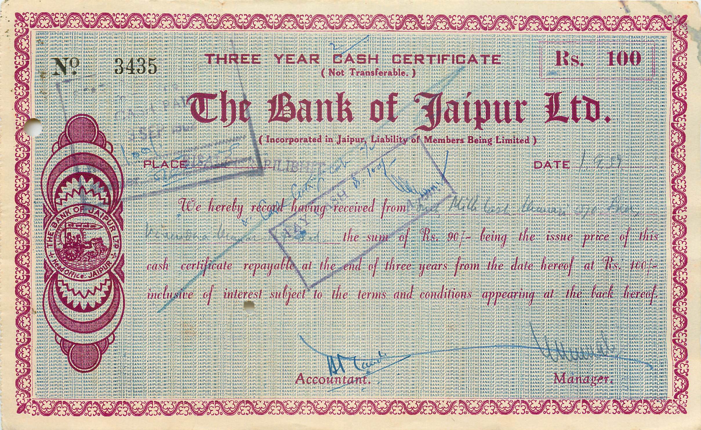 Certificat à trois ans — The Bank of Jaipur Ltd. — N° 3435