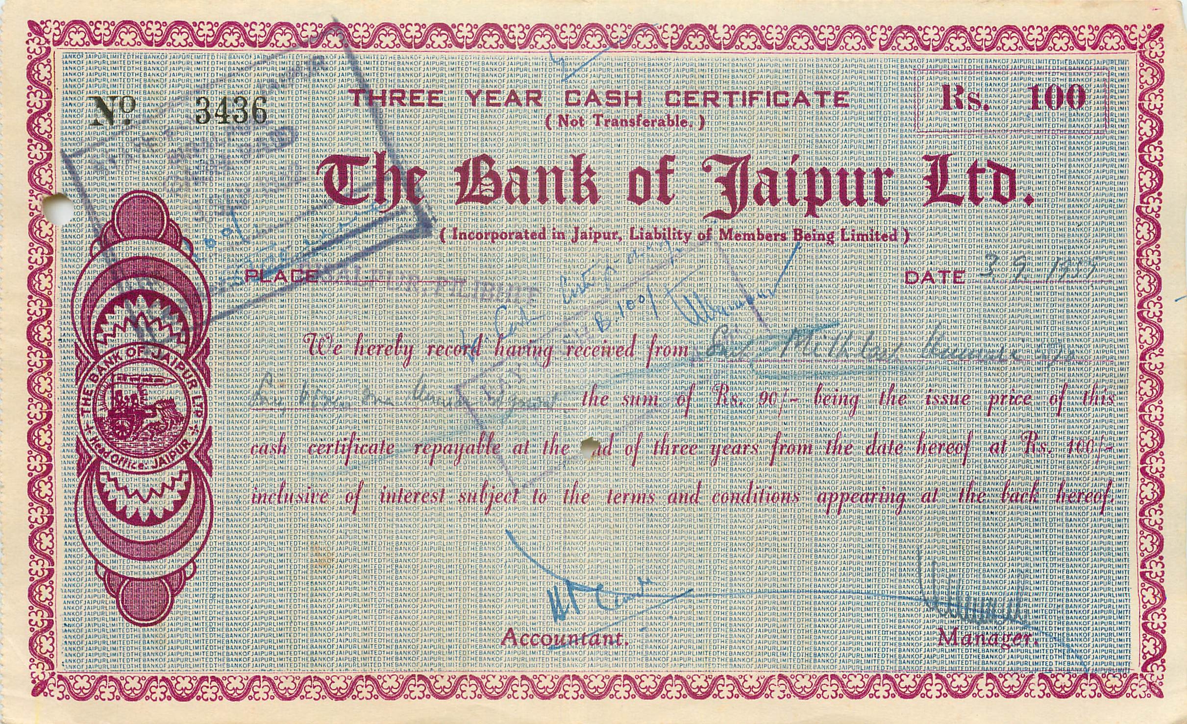 Certificat de trésorerie de 3 ans — The Bank of Jaipur Ltd. — N° 3436