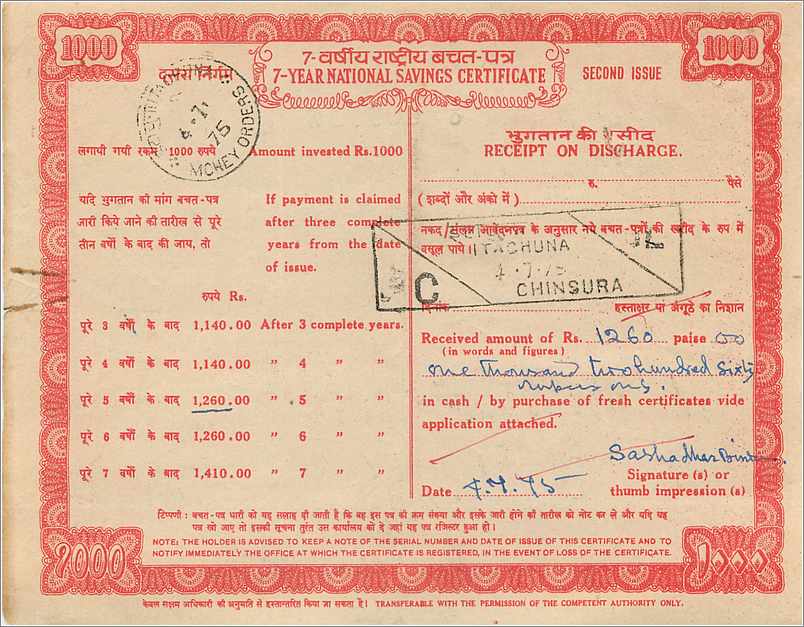 Inde India  National Savings Certificate  — Verso