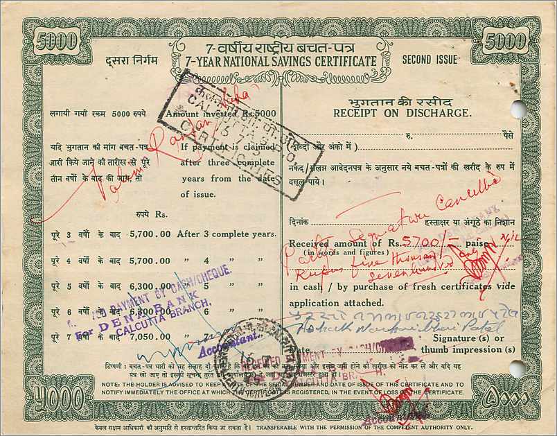 Inde India  National Savings Certificate  — Rückseite