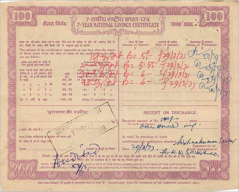 Inde India  National Savings Certificate  — Rückseite