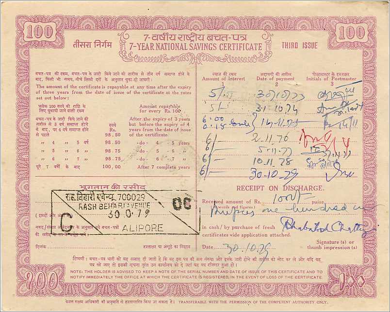 Inde India  National Savings Certificate  — Rückseite