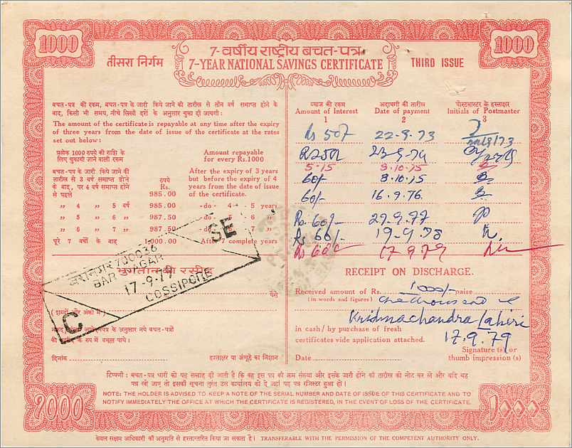 Inde India  National Savings Certificate  — Rückseite