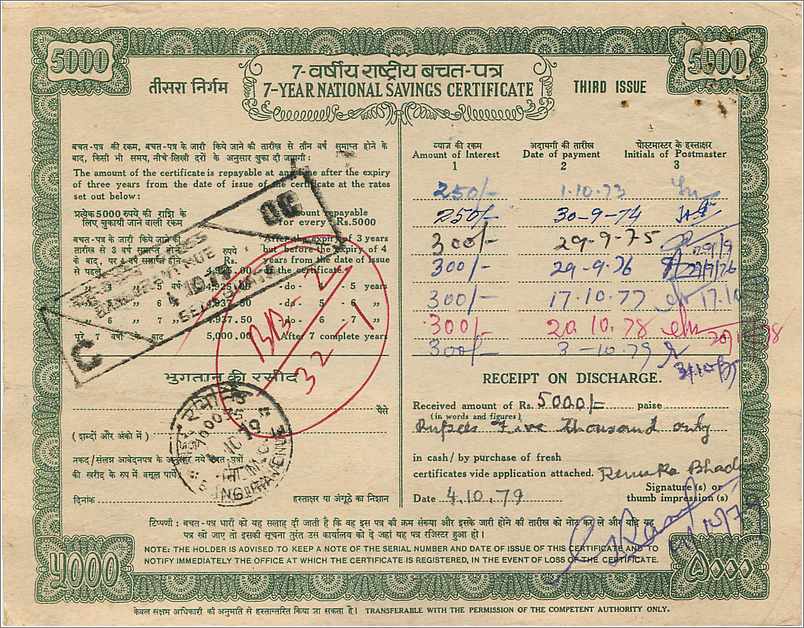 Inde India  National Savings Certificate  — Rückseite