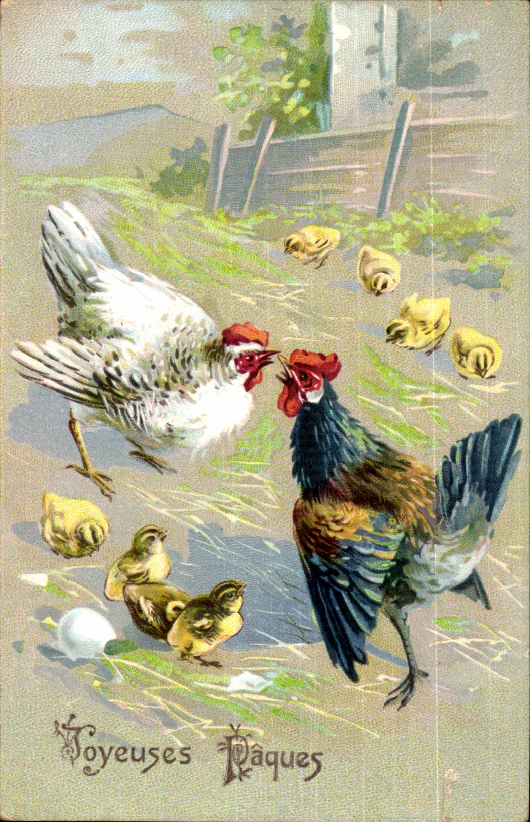 CPA Fantaisie Joyeuses Paques Poule et poulet Poussins